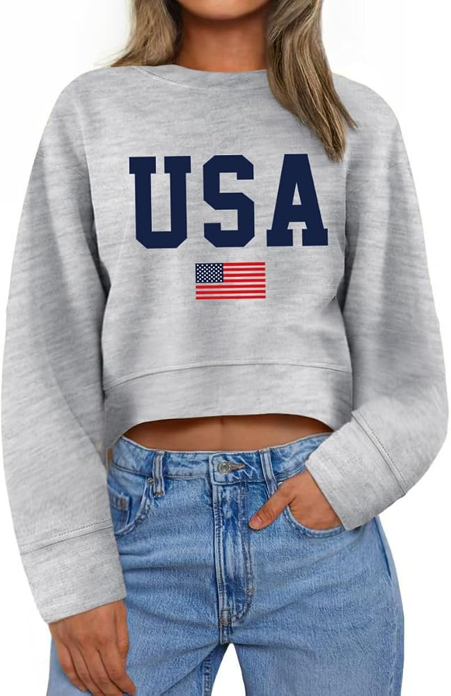 Ymoshoe 4th of July Sweatshirts For Women USA Cropped Sweatshirt American Flag Sweaters Long Slee... | Amazon (US)