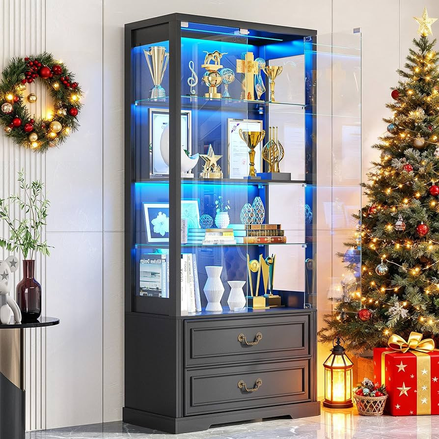Glass Display Cabinet with Door, 4-Tier Curio Cabinet with 2 Drawers and Adjustable Glass Height ... | Amazon (US)