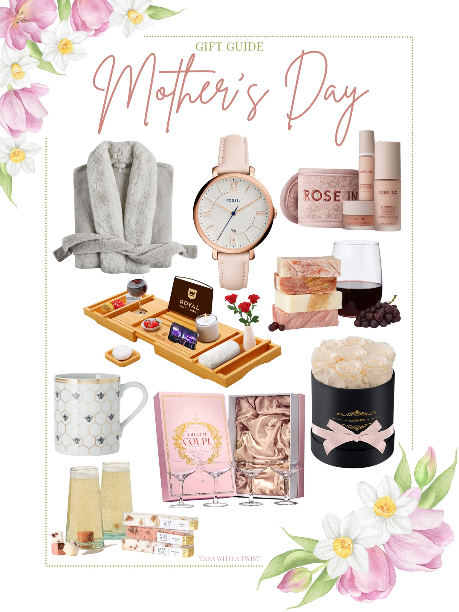 Mother’s Day Gift Inspo! 

Luxe faux fur robe. Fossil watch. Clean non-toxic skincare gift set. Bath Tub Organizer. Honeycomb coffee mug set. Cocktail glass gift set. Eternity Roses. Wine soaps. Champagne sugar cubes. 

Mother’s Day. 
Mother’s Day gift guide. 
Gifts for her. 

#LTKSeasonal #LTKGiftGuide