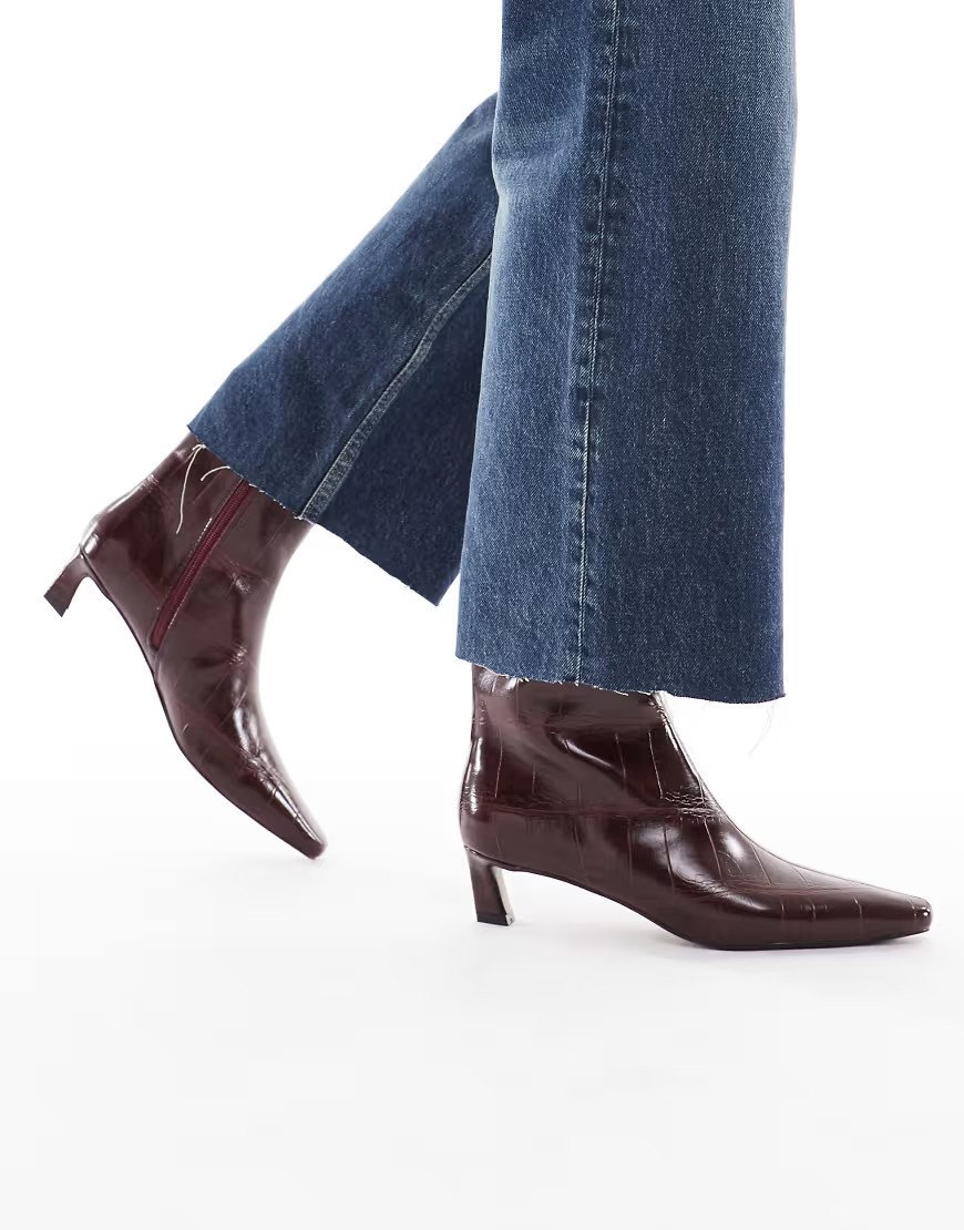 schuh Bexley pointed toe kitten heel ankle boots in burgundy croc-Red | ASOS (Global)