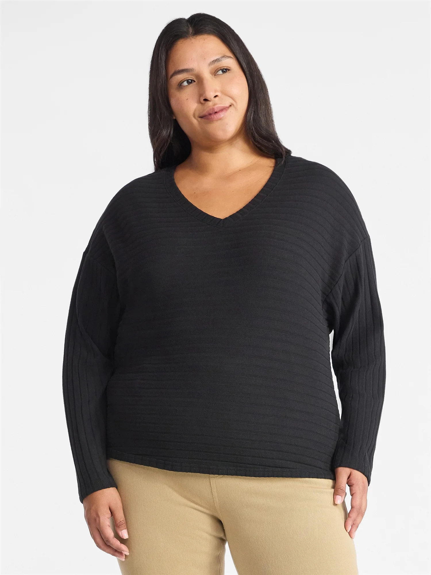 Time and Tru Women's V Neck Ribbed Hacci Top with Long Sleeves, Sizes XS-XXXL | Walmart (US)