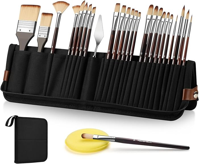REDSHELL 26pcs Paint Brush Set, Travel Watercolor Acrylic Paint Brushes with Flat, Filbert, Fan, ... | Amazon (US)
