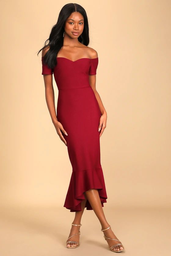 How Much I Care Wine Red Off-the-Shoulder Midi Dress | Lulus