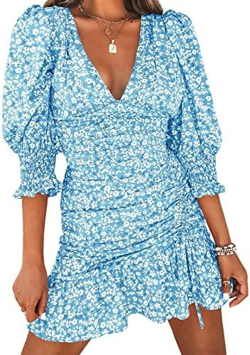 Teurkia Women's Summer Sexy V Neck Dresses Floral Print Ruched Half Puff Sleeve Mini Dress | Amazon (US)