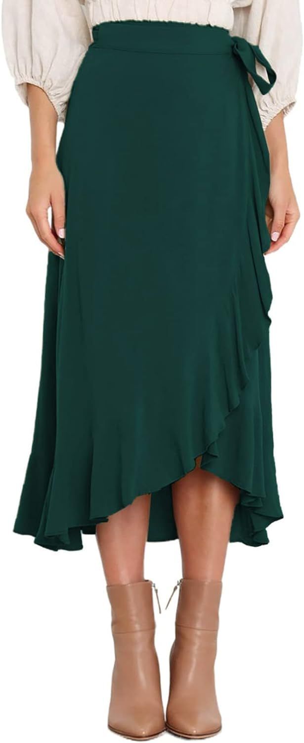 Happy Sailed Womens Ruffle Wrap Skirt Casual High Waist Self Tie Side Slit Maxi Boho Skirts S-XL | Amazon (US)