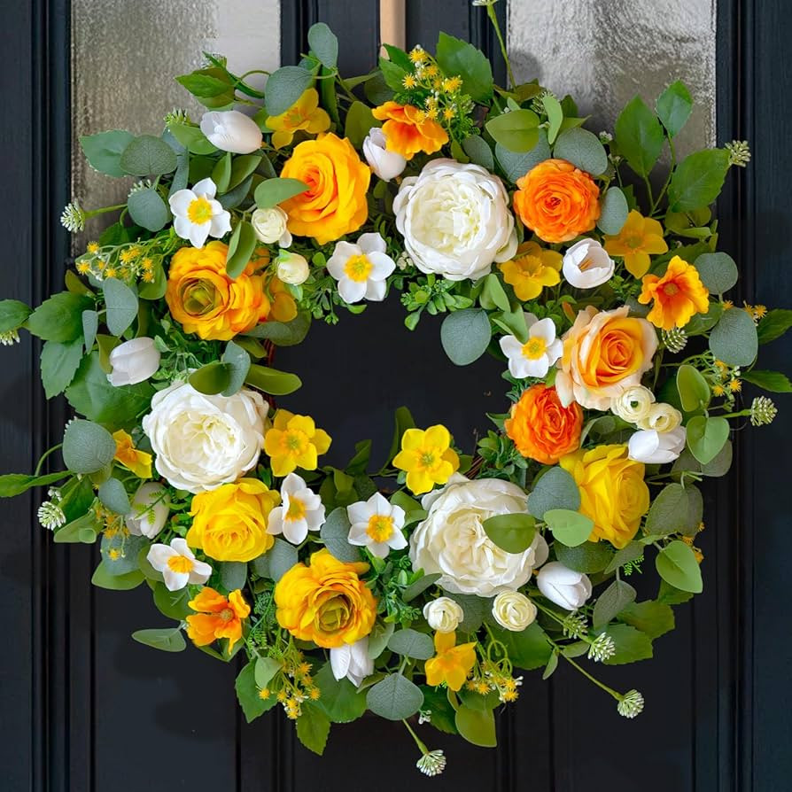 Spring Wreaths for Front Door Outside 24 Inch Yellow & White Spring Summer Wreath with Peony Rose... | Amazon (US)