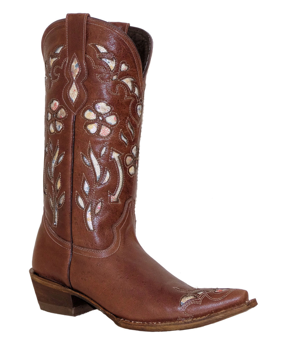 Pecos Bill Women's Western Boots - Brown Floral Cutout Leather Cowboy Boot - Women | Zulily
