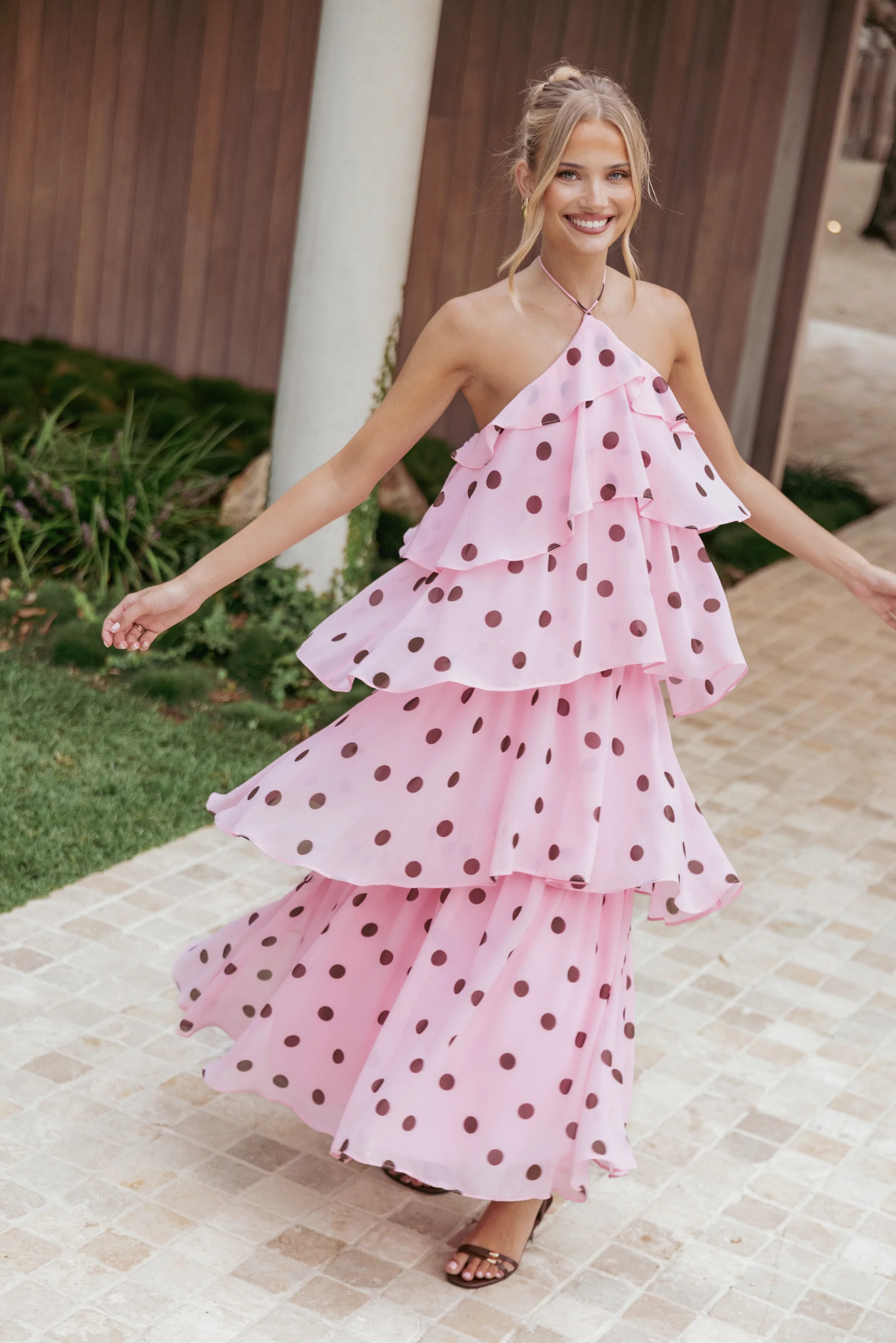 Chasity Halterneck Maxi Dress - Pink Polka Dot | Petal & Pup (US)