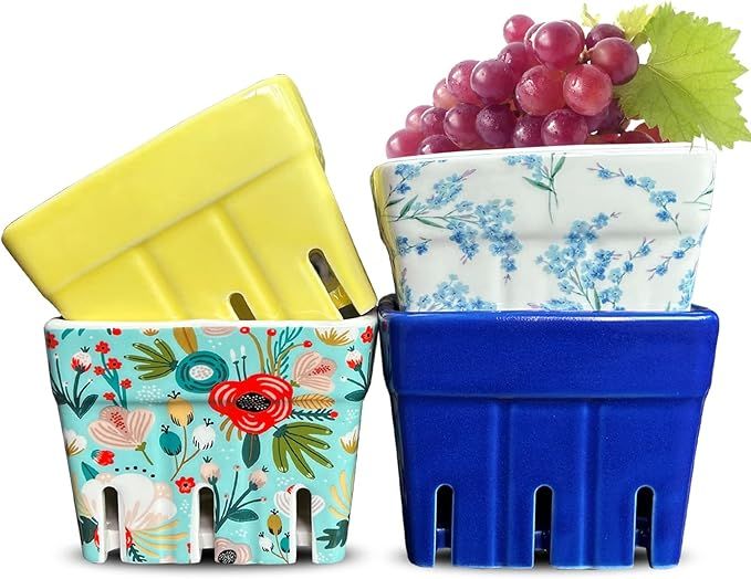 LEAZUL Ceramic Berry Basket Set of 4, Colander, Farmhouse Square Bowl. Rustic Kitchen Decor Fruit... | Amazon (US)