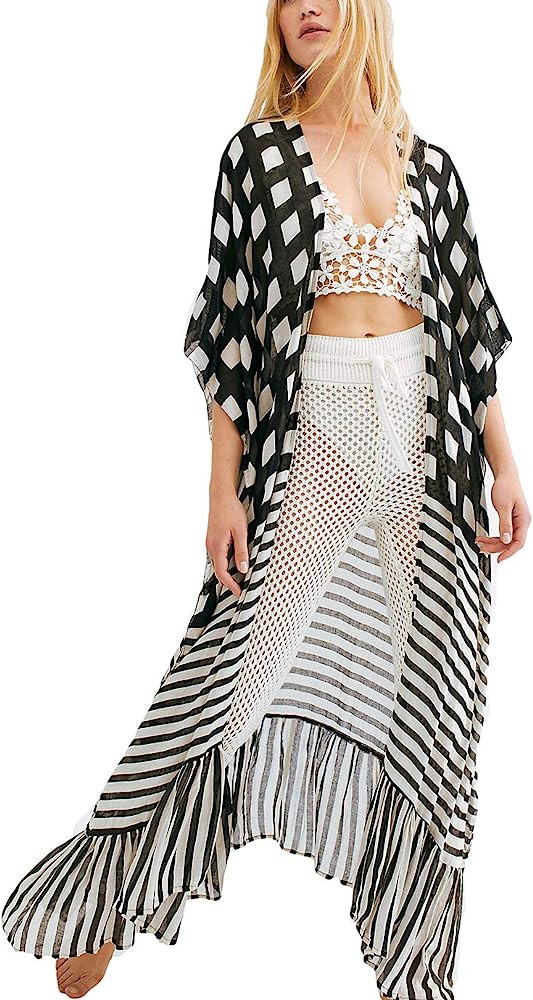 Eddoyee Stripe Print Beach Long Kimono Cardigans for Women Half Sleeve Open Front Swimsuit Cover ... | Amazon (US)