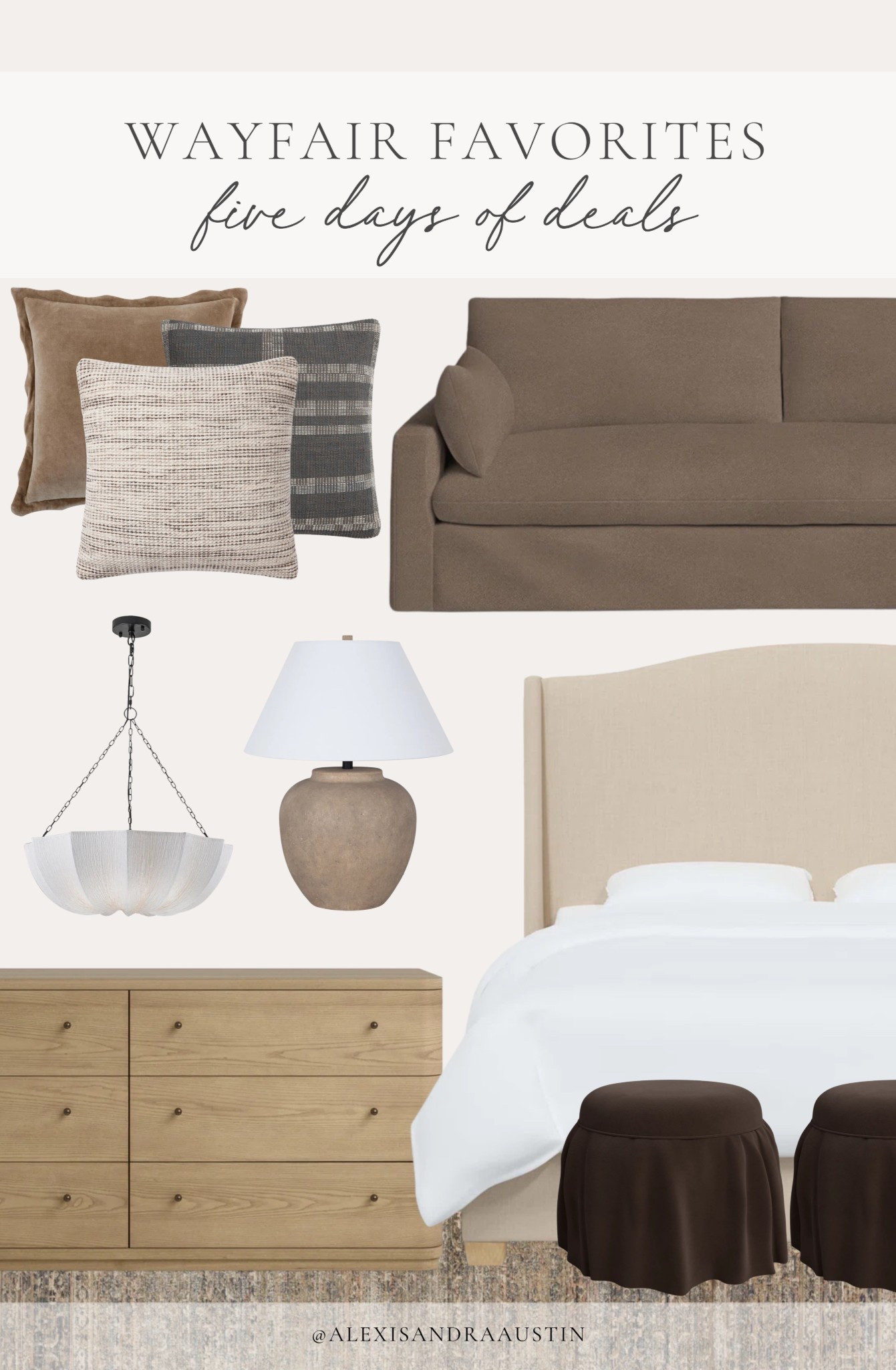 For 5 days only, @wayfair 5 Days of Deals is here until February 2nd including some of my most recent home favorite finds! From my most loved Allis linen upholstered bed to my newest moody brown sofa, shop now for up to 60% off.

#Wayfair #Wayfairpartner #ad

Home finds, neutral home inspo, Wayfair, collected style, furniture favorites, neutral wood tones, upholstered bed frame, sofa details, dresser favorites, cozy throw pillow, upholstered ottoman, lighting detail, table lamp, chandelier details, Wayfair partner,  bedroom refresh, living room refresh, neutral style, shop the look!

#LTKSeasonal #LTKHome