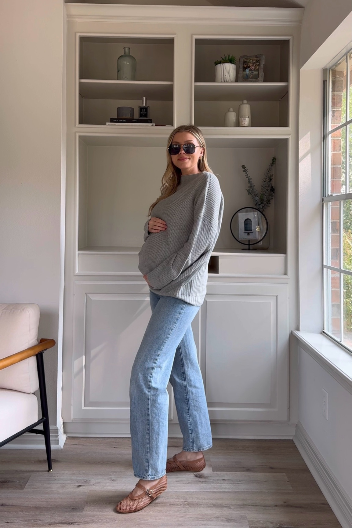 Casual fall outfit made bump friendly! Wearing a S/M in the sweater, 26 in jeans, M in belly band to wear my pre-pregnancy jeans, and mesh flats run tts. 

#LTKFindsUnder50 #LTKBump #LTKStyleTip