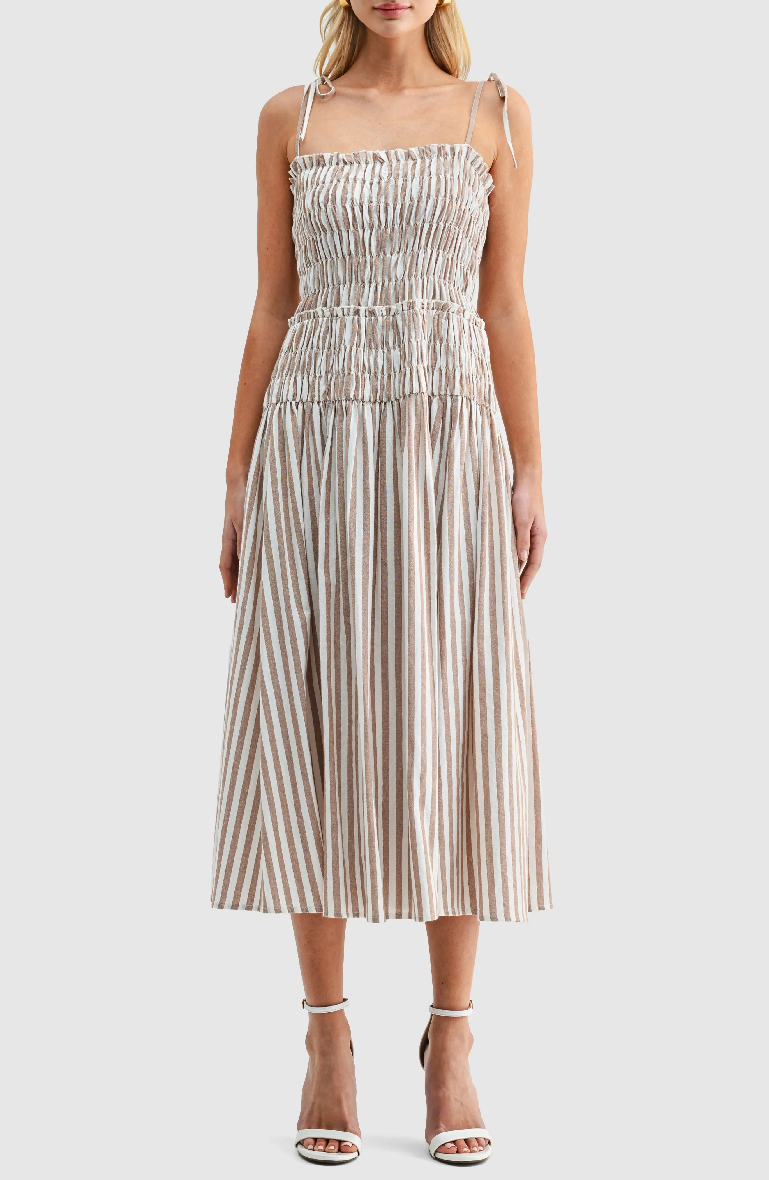 All in Favor Stripe Tie Strap Smocked Cotton Midi Sundress (Women) | Nordstrom | Nordstrom
