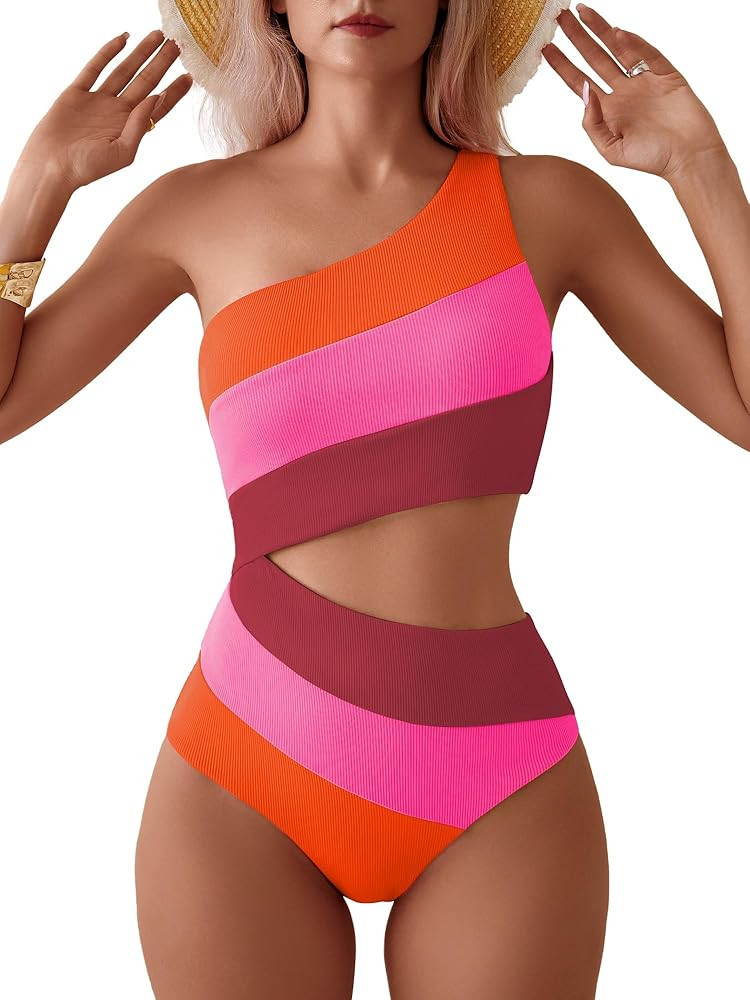 TASHEHE Women's One Shoulder One Piece Swimsuit Sexy Neon Color Block Bathing Suit Modest Full Co... | Amazon (US)