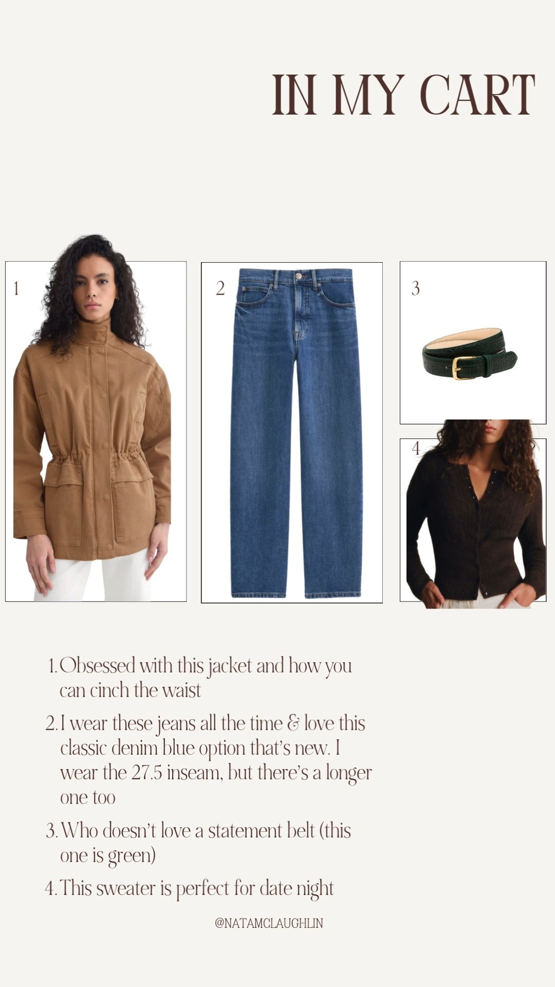 A few new favorites in my cart. Obsessed with this jacket you can cinch at the waist. So good for the weekend or when you’re on the sidelines at your kids’ activities! I own and love these jeans in a darker wash, and I love this perfect blue! Statement belt, date night sweater or girls night sweater - love this for Valentines Day because you’ll wear it again 

#LTKValentine #LTKmomlife