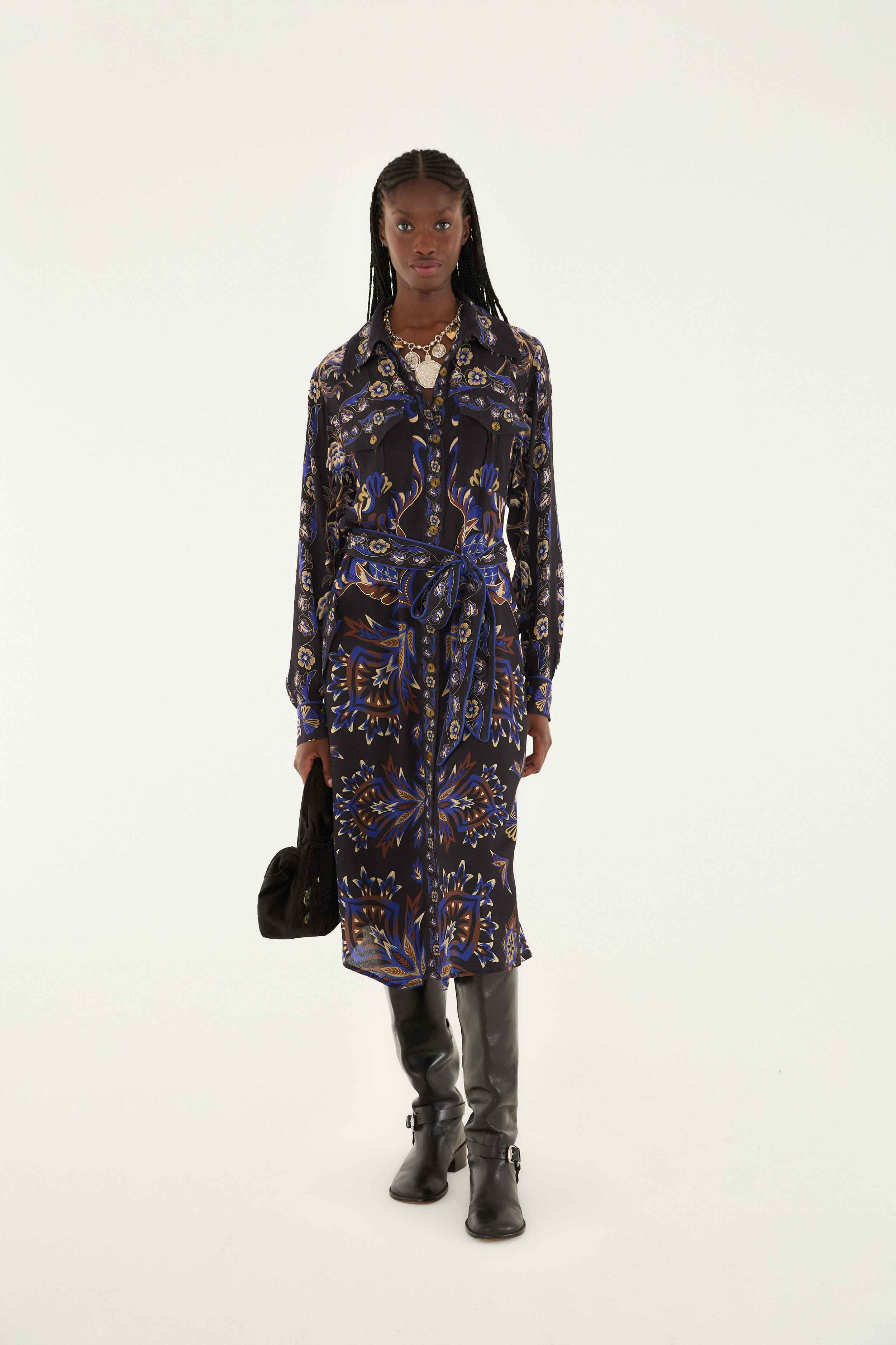 Black Arabesque Mix Scarves Midi Dress | FARM Rio | FarmRio (US)