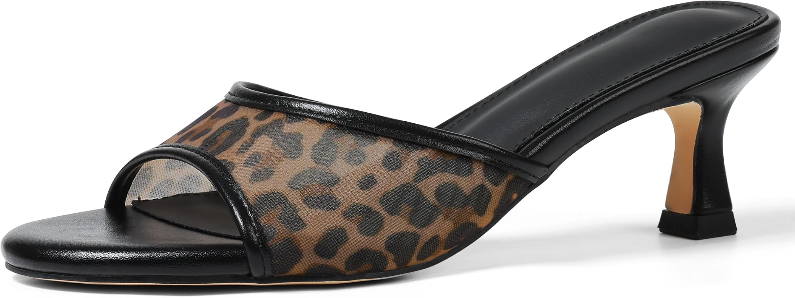 VOMIRA Heeled Sandals for Women Round Open Toe Slip On Kitten Heels Slides Sandals Leopard Mesh B... | Amazon (US)