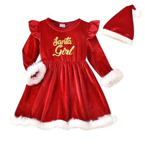 Toddler Baby Girls Christmas Dress Red Velvet Dress Long Sleeve Santa Claus Dress Fleece Plush Xmas Princess Party Dresses (Red Santa Girl Fuzzy Trim, 12-18 Months) | Amazon (US)