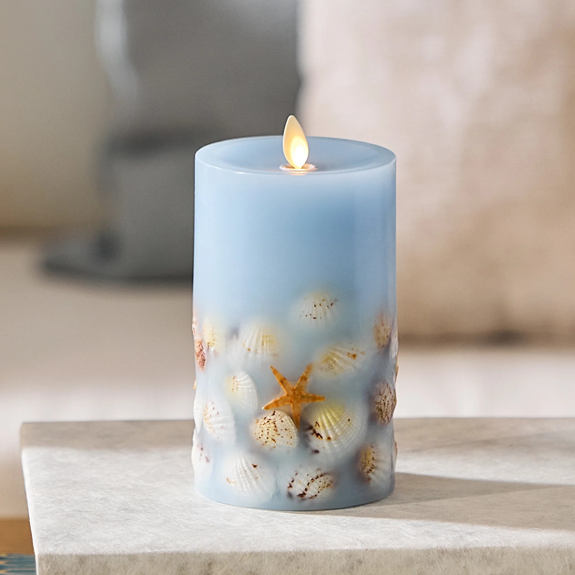 Soft Chambray Embedded Seashell & Starfish Flameless Candle Pillars | Luminara