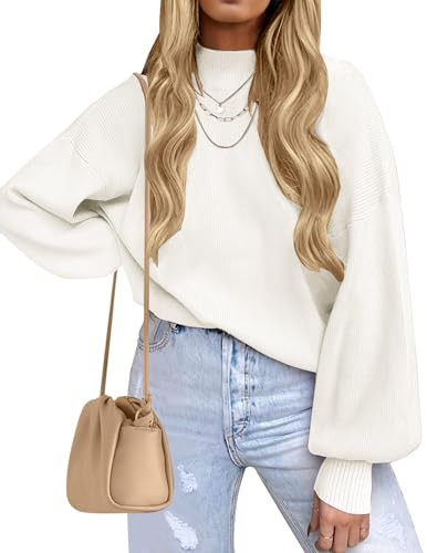 ZESICA Women's Casual Turtleneck Long Lantern Sleeve Fall 2026 Oversized Ribbed Knit Pullover Sweater Jumper Top,White,Small | Amazon (US)
