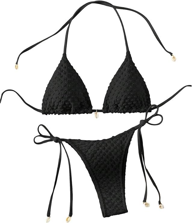 Verdusa Women's 2 Piece Triangle Bathing Suit Halter Tops Tie Side Thong Bikini Swimsuits | Amazon (US)