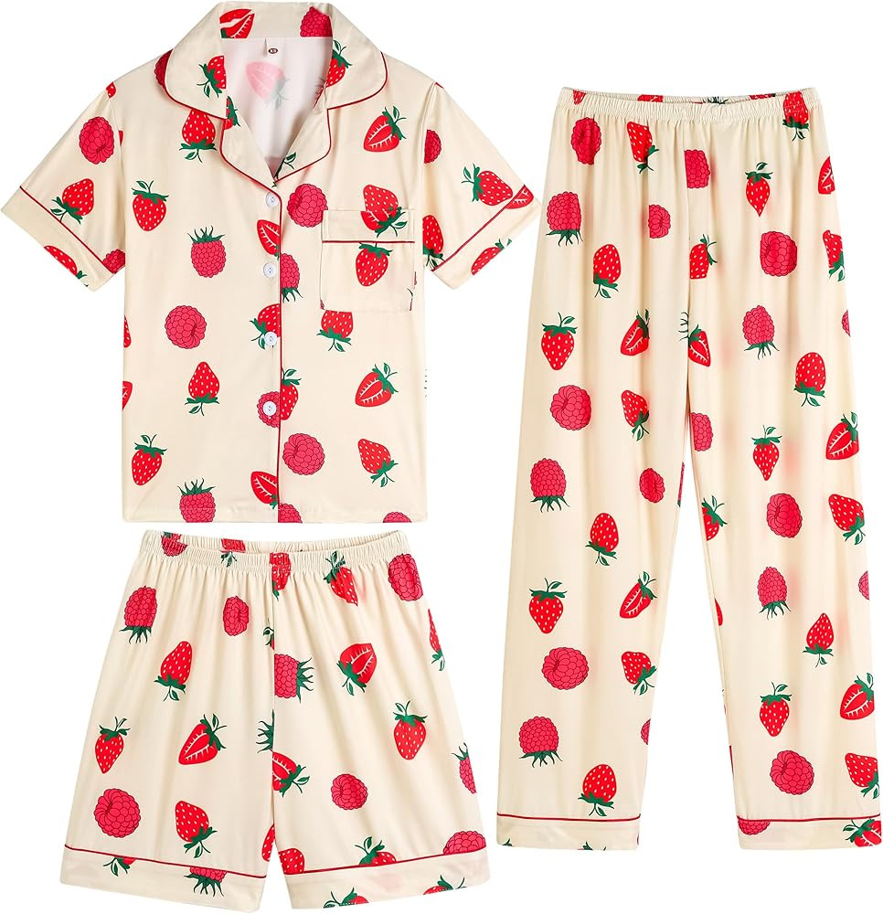 Vopmocld Girls Pajama Sets 3pcs Button Down Short Sleeve Long Pants With Shorts Sleepwear Cute Pa... | Amazon (US)