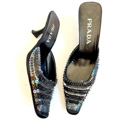 Prada Vintage Black Satin Leather Sequin Embellished slip on mule pumps EU 39.5 | eBay US