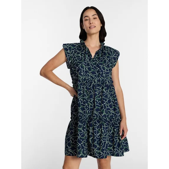 Time and Tru Women's and Women's Plus Tiered Cotton Mini Dress with Flutter Sleeves, Sizes XS-4X | Walmart (US)