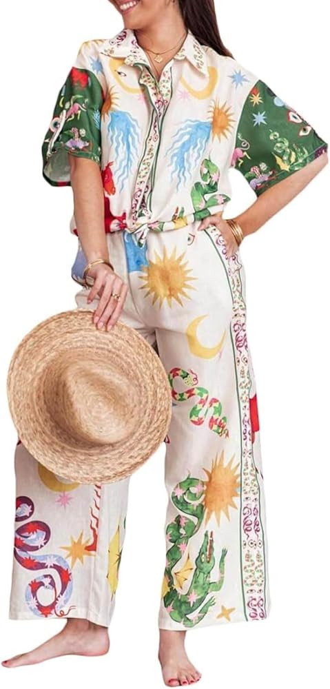 Women Y2k 2 Pieces Pants Sets Boho Floral Fruit Print Short Sleeve Shirt Wide Leg Pants Graffiti ... | Amazon (US)