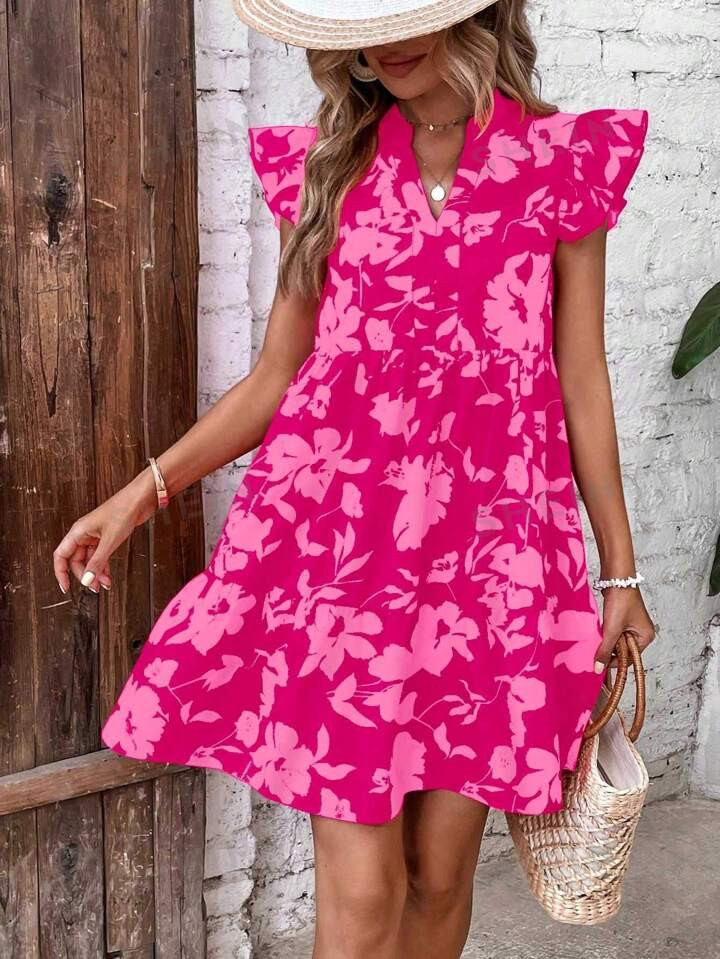 SHEIN LUNE Women's Floral Print Notched V-Neck Short Sleeve Dress | SHEIN USA | SHEIN