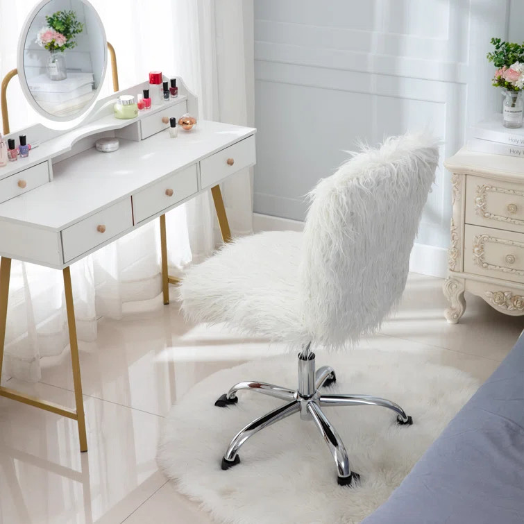 Faux Fur Flokati Armless Office Chair, White | Wayfair North America