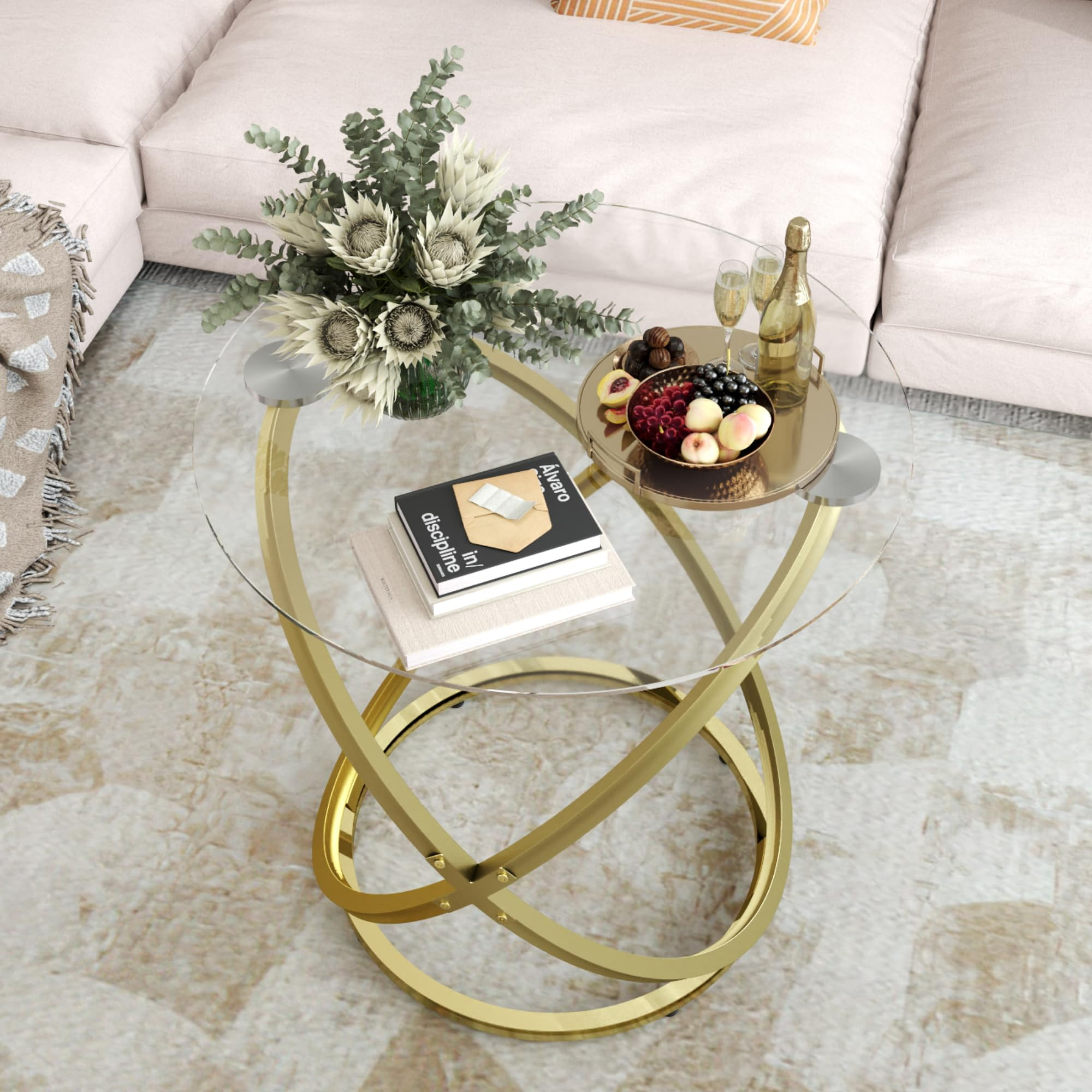 Glass Coffee Table, Modern End Table with Ring Gold Metal Frame, Round Glass Coffee Table for Dec... | Amazon (US)