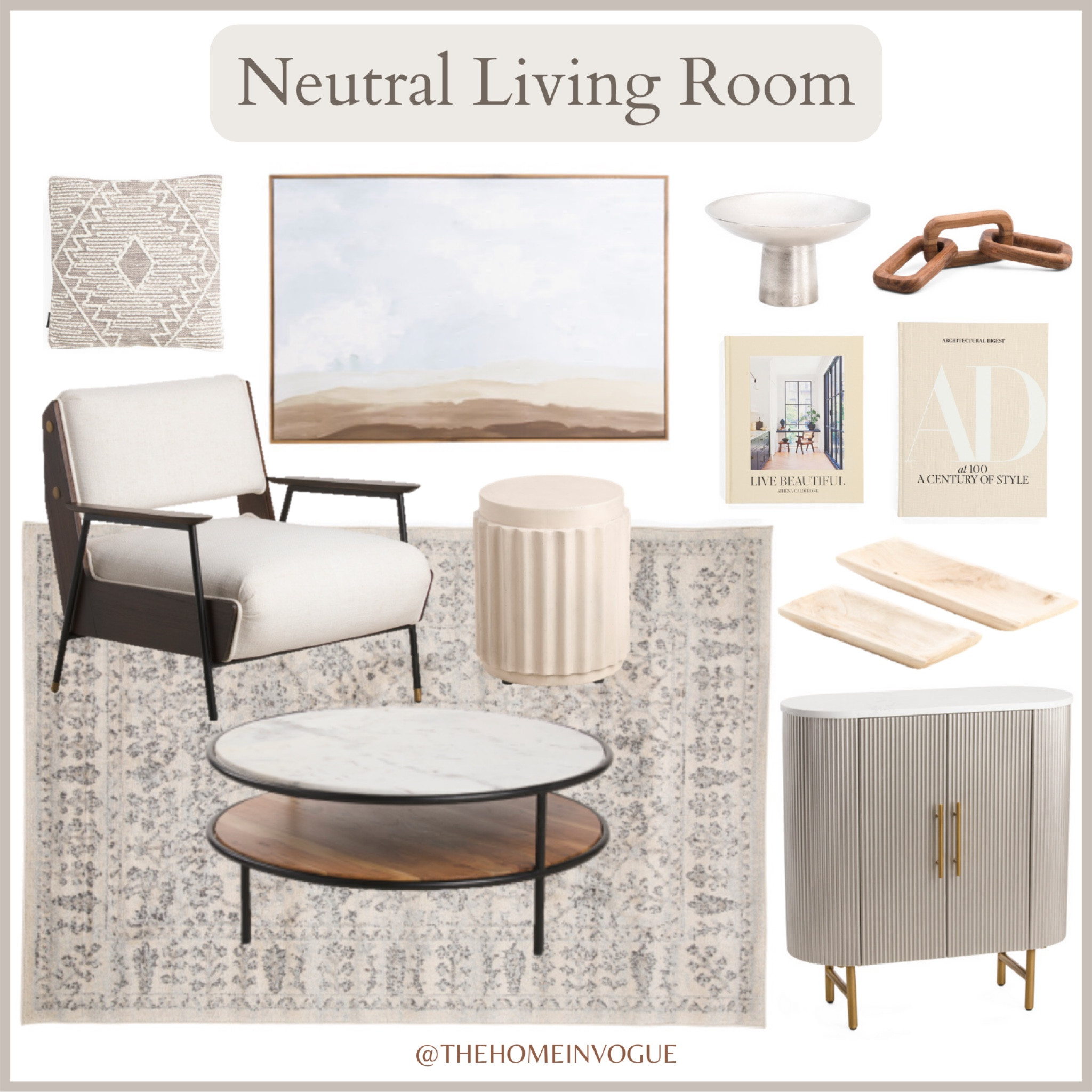 Neutral living room decor, neutral wall art, accent chair, marble and wood round coffee table, fluted concrete end table, neutral Turkish area rug, armchair, boucle round back armchair, fluted two door cabinet with stone top, taupe area rug, embroidered neutral throw pillow, wood rectangular trays, AD at 100 coffee table book, Live Beautiful by Athena Calderone coffee table book, footed bowl, wood chain links, white vase, ceramic vase

#LTKhome #LTKsalealert #LTKSale