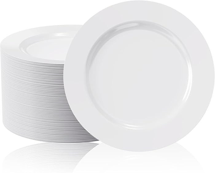 FOCUSLINE 100 Count White Plastic Plates 10 Inch, Disposable Heavy Duty Dinner Plates- Premium Ha... | Amazon (US)