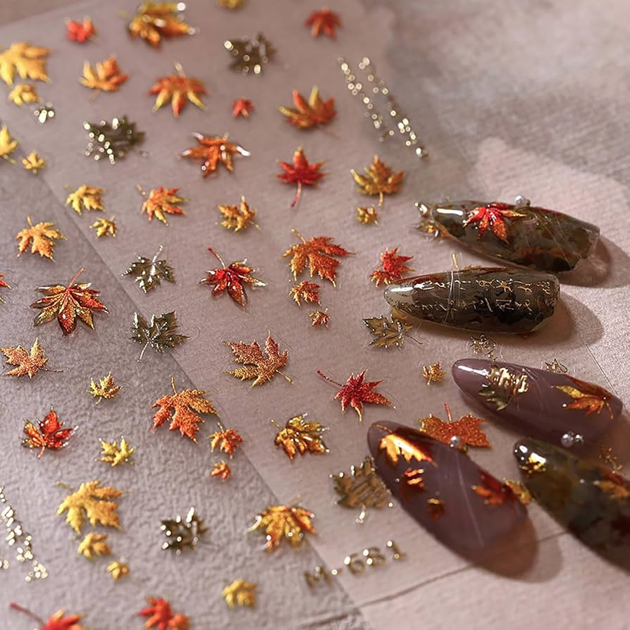 Fall Nail Stickers 5D Embossed Maple Leaf Nail Decals Autumn Gold Red Nail Art Stickers for Nail ... | Amazon (US)