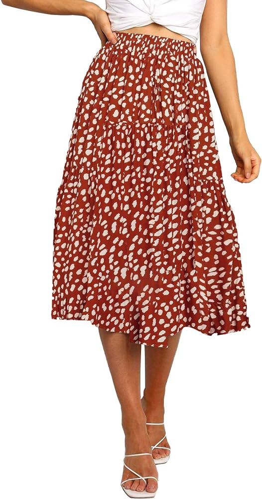 MEROKEETY Women's Boho Leopard Print Skirt Pleated A-Line Swing Midi Skirts Red Medium at Amazon ... | Amazon (US)