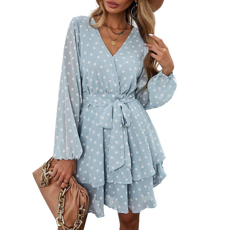 Dokotoo Women's Casual Floral Dress Deep V Neck Long Sleeve Mini Dress Tie Knot Ruffled Hem Skate... | Walmart (US)