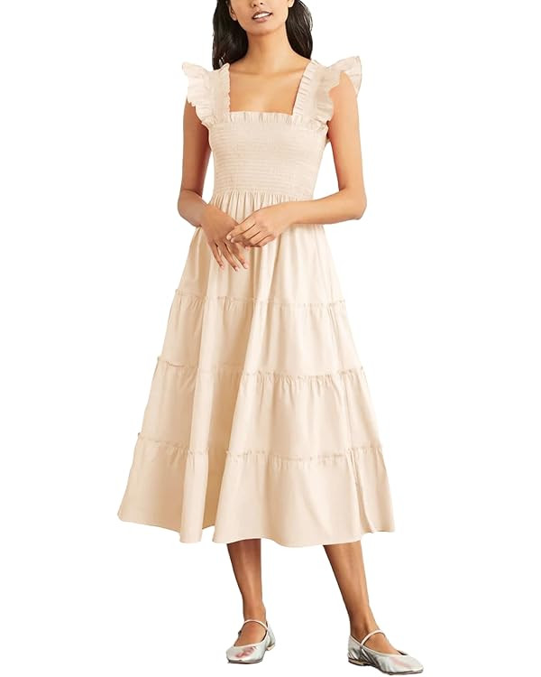 Rooscier Women's Square Neck Smocked Ruffle Sleeveless Tiered A Line Sundress Midi Dress | Amazon (US)