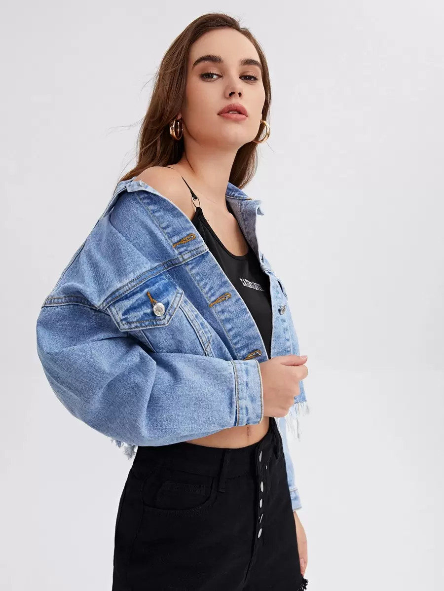 Solid Raw Hem Drop Shoulder Denim Jacket
   SKU: swjacket00201215213      
          (8112 Review... | SHEIN