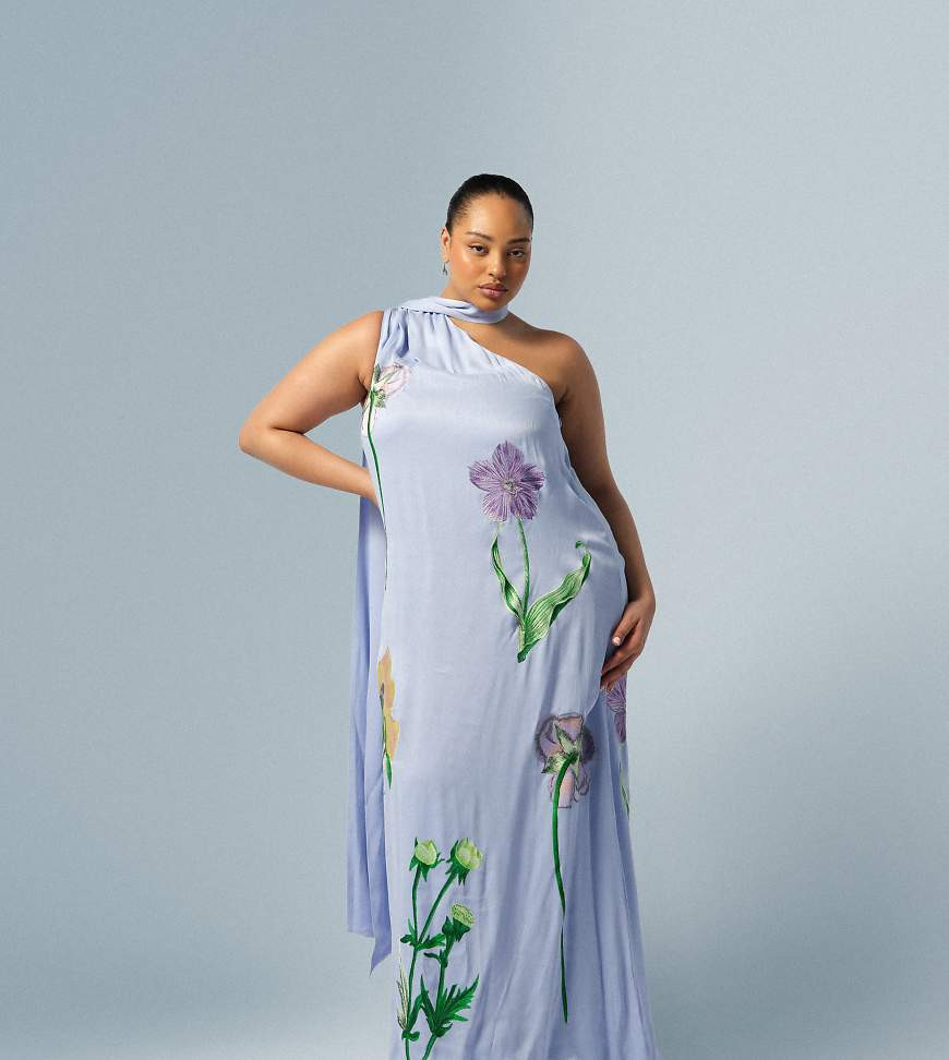 ARRANGE Curve botanical floral embroidered one shoulder maxi dress in dusky blue | ASOS (Global)