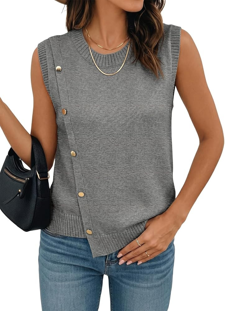 Pink Queen Women's Round Neck Knit Sweater Vest Casual Button Decoration Irregular Hem Tunic Slee... | Amazon (US)
