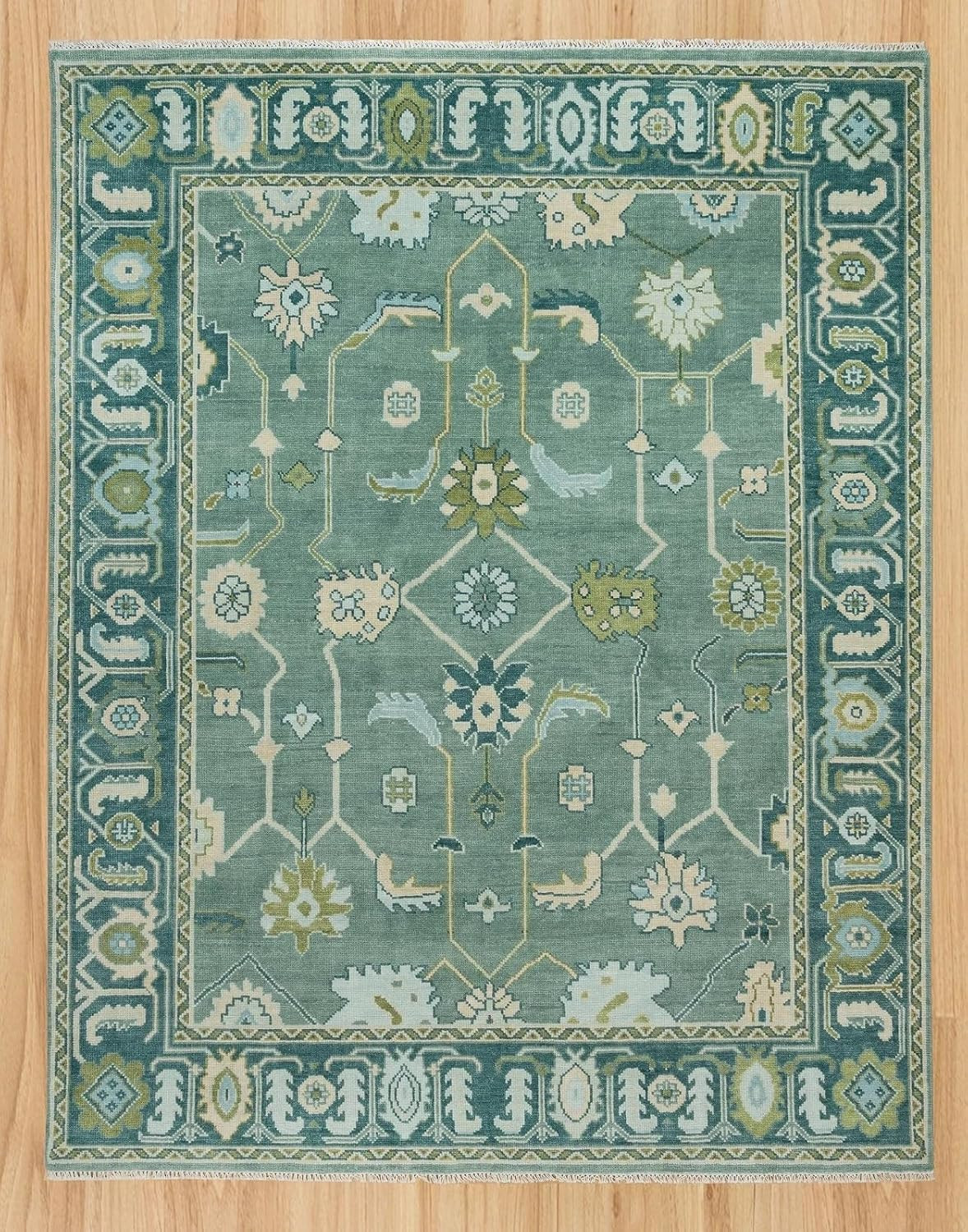 Hand Tufted Oushak Wool Area Rug – Vintage Turkish Traditional Floral Medallion Design, Soft Pastel Boho Carpet for Living Room, Bedroom, Entryway Decor (Cadet Green Blue, 9' x 12') | Amazon (US)