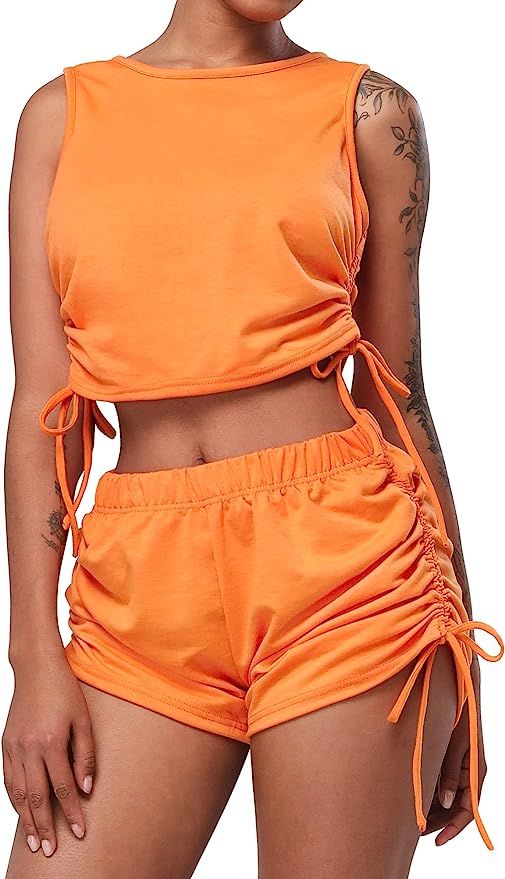 Womens Tank Tops Workout Two Piece Outfits for Women, Sleeveless Crop Tank Tops and Short Sets Wo... | Amazon (US)