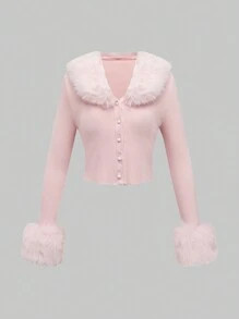 ROMWE Kawaii Women Retro Palace Style Furry Patchwork Long Sleeve Cardigan | SHEIN