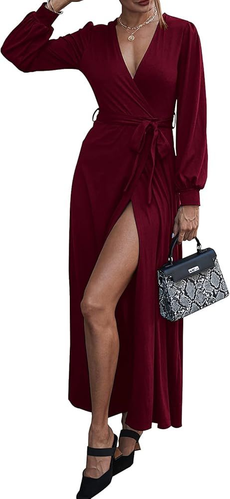 NALANISA Women’s Long Sleeve Wrap V Neck Slit Maxi Dress High Waist A-Line Flowy Long Dress wit... | Amazon (US)