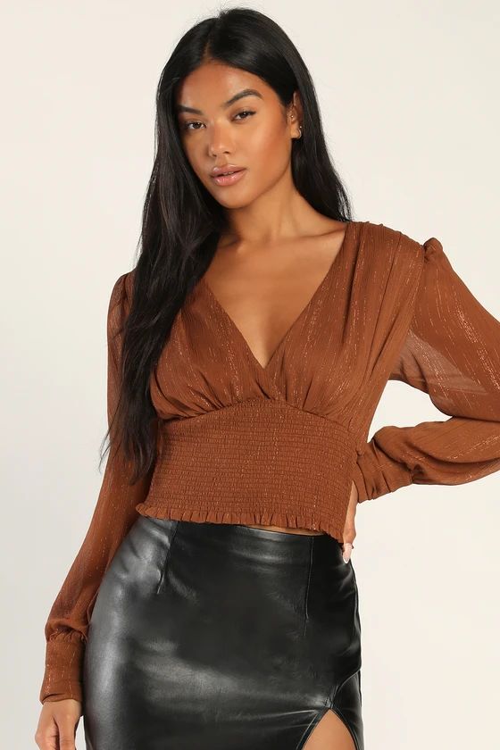 Shimmering Sophistication Brown Lurex Smocked Long Sleeve Top | Lulus (US)