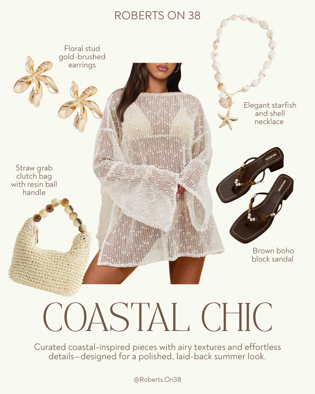 Coastal chic summer outfit with a lightweight knit coverup, woven straw bag, shell jewelry, and neutral sandals—easy, breezy pieces for beach days, vacations, and everyday summer style.

#LTKSwim #LTKSeasonal #LTKMidsize