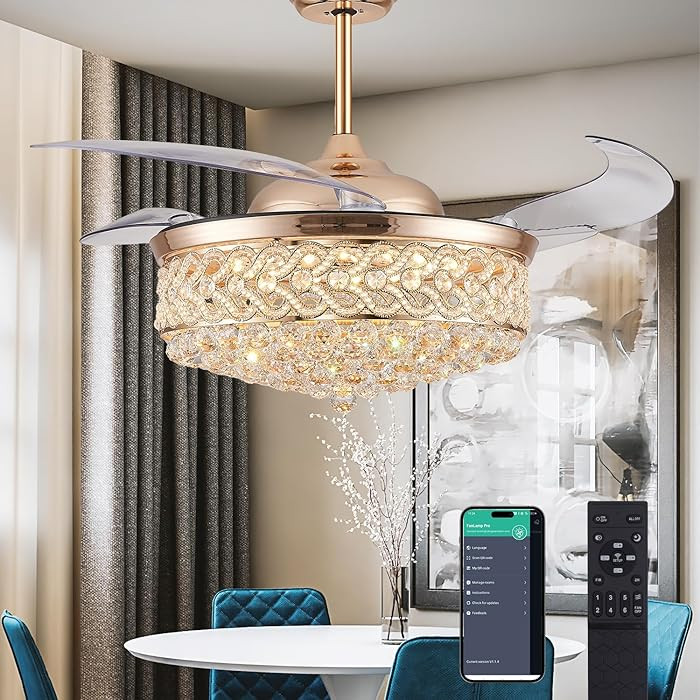 52" Dimmable Chandelier Ceiling Fan with Light, Modern Crystal Retractable Ceiling Fan with Remot... | Amazon (US)