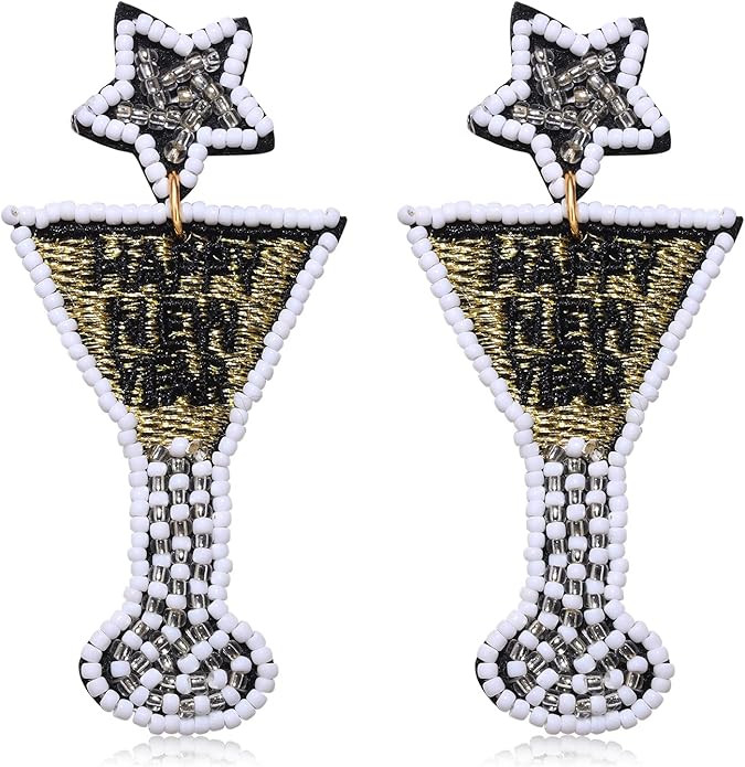 New Year Earrings for Women Beaded Martini Wine Glass Dangle Earrings Christmas 2024 New Year's E... | Amazon (US)