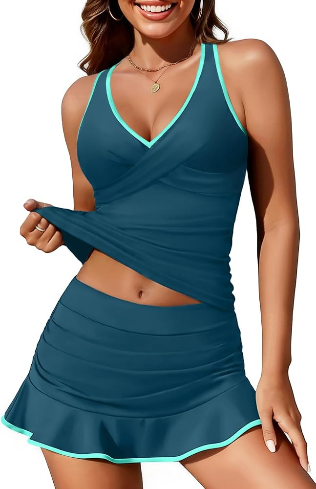 Aqua Eve Women's Two Piece Tankini Swimsuit with Skirt -Tummy Control Ruched Bathing Suits Twist ... | Amazon (US)